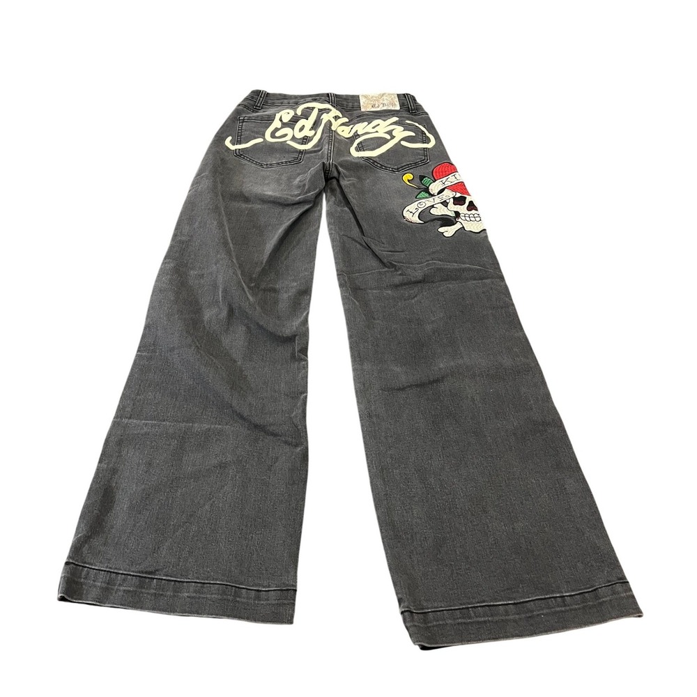 Ed Hardy Jeans Womens 26 Black Wide Leg Embroidered Love Kills Slowly Tattoo